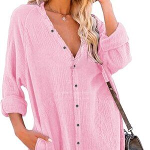 Cotton Button Down Pink Shirt Dress